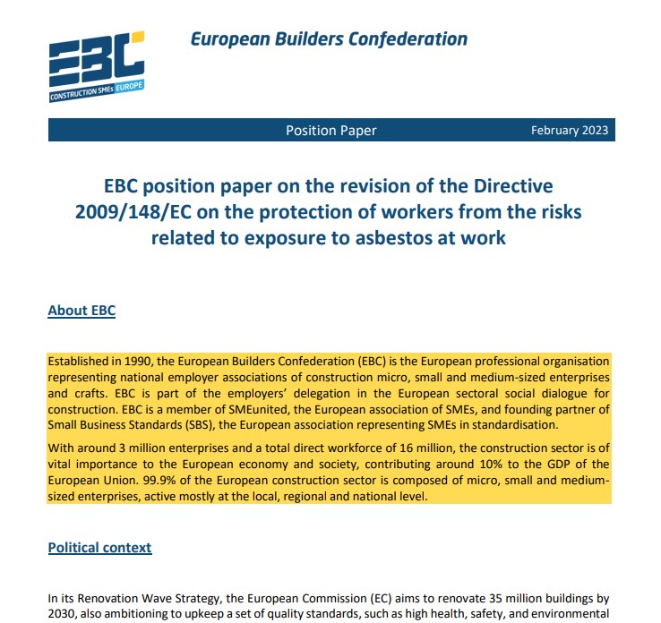 Asbestos: EBC position calls for a realistic legislative framework with strong accompanying measures for construction SMEs and crafts