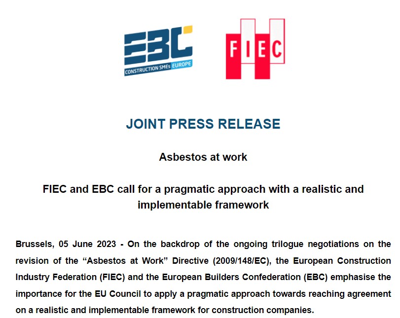 Asbestos: FIEC and EBC call for a pragmatic approach with a realistic and implementable framework on asbestos